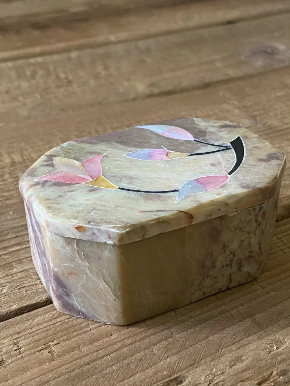 vintage stone trinket box, alabaster jewelry box, soapstone keepsake box, floral